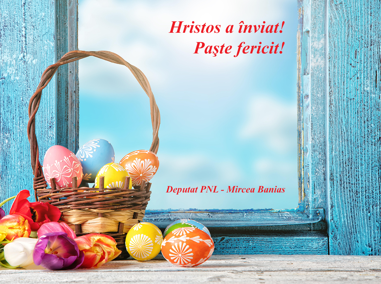 Easter still life decoration with rustic window and hand-painted eggs. Copyspace for text